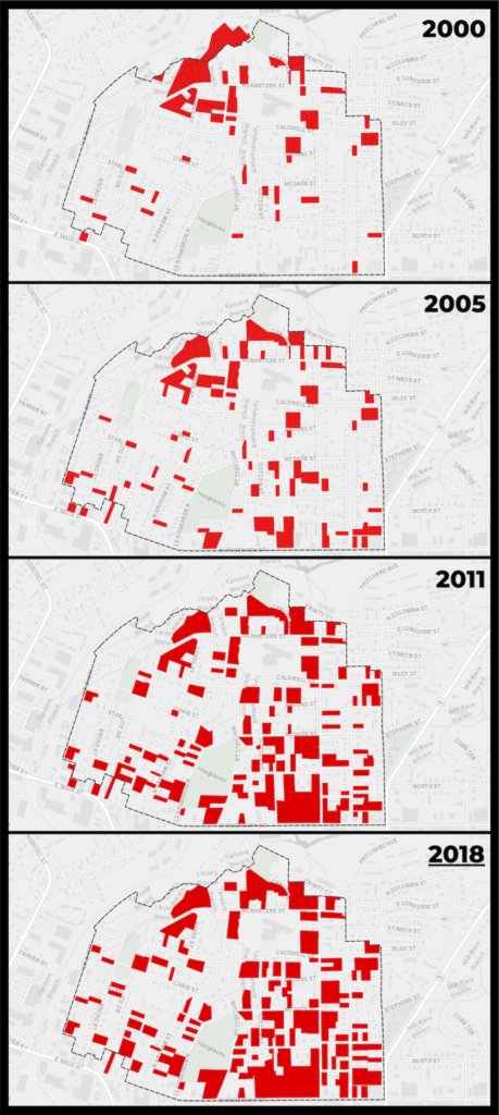 Map of investor-owned properties in Northside in 2000 and 2011. The maps show a huge increase in investor-owned properties from 2000-2018.